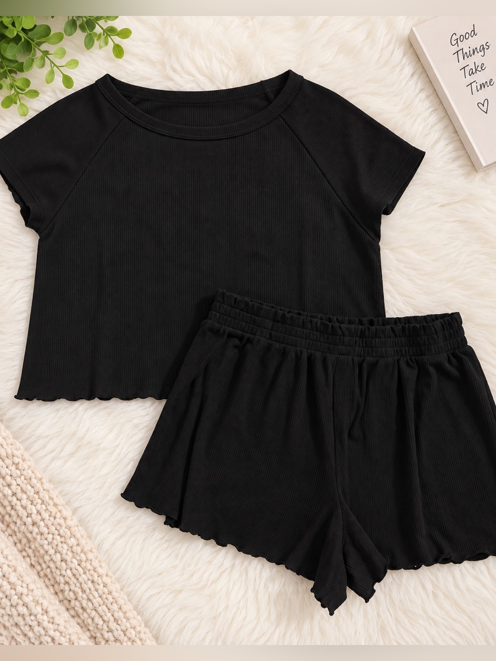 Black Ribbed Short Sleeve Lounge Set - Women Intimates & Sleepwear